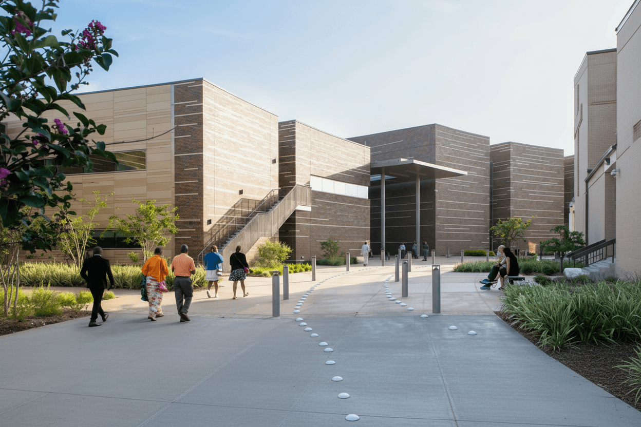 Wheeler Avenue Baptist Church entrance with visitors