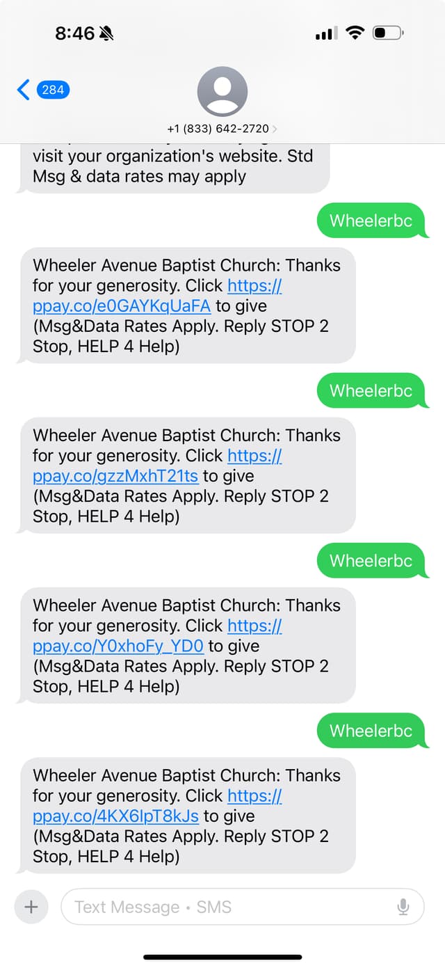 Text giving example showing Wheeler Avenue Baptist Church confirmation message